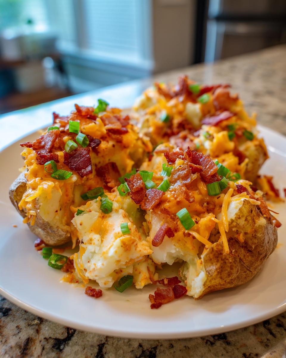 Close-up of twice-baked potatoes loaded with cheese, bacon, and green onions, resembling toppings for smashed potato salad.