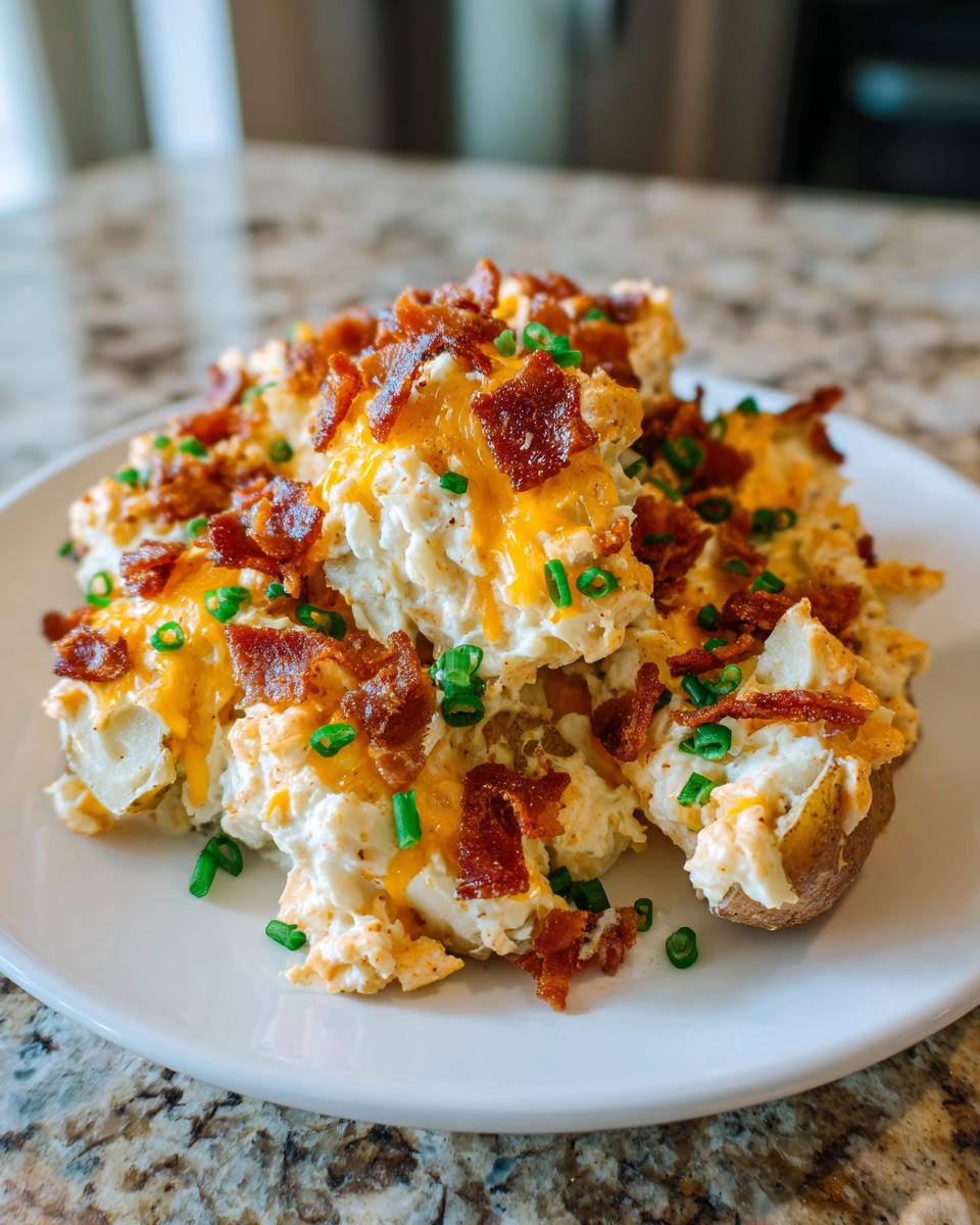 A serving of loaded smashed potato salad topped with melted cheddar cheese, crispy bacon bits, and fresh chives.