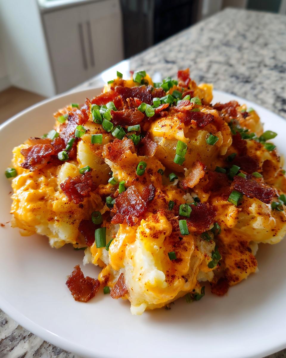Close-up of loaded smashed potato salad topped with melted cheddar cheese, crispy bacon bits, and fresh chives.