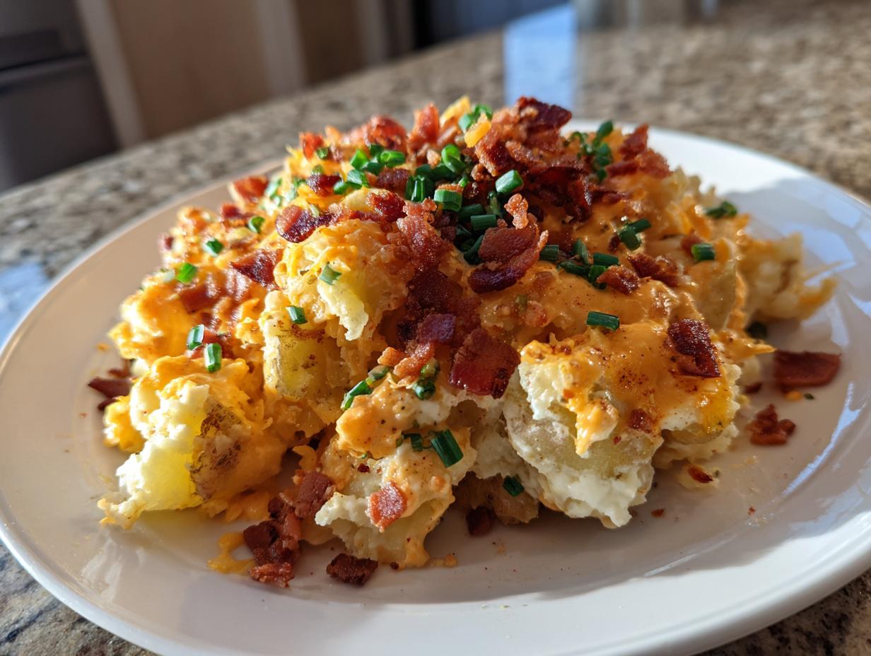 A plate of loaded smashed potato salad topped with melted cheddar cheese, crispy bacon bits, and fresh chives.