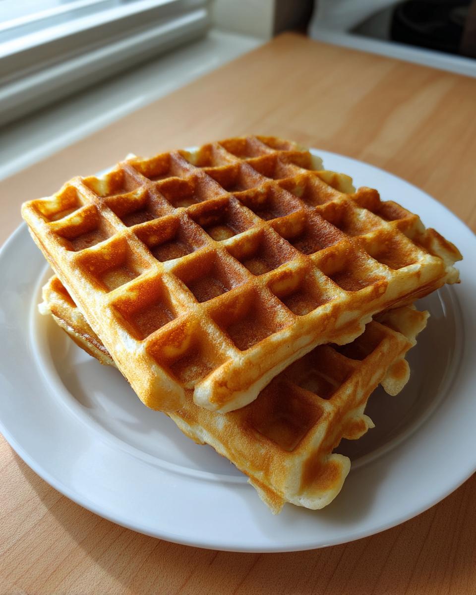 Two golden brown oatmeal cottage cheese waffles stacked on a white plate near a window.
