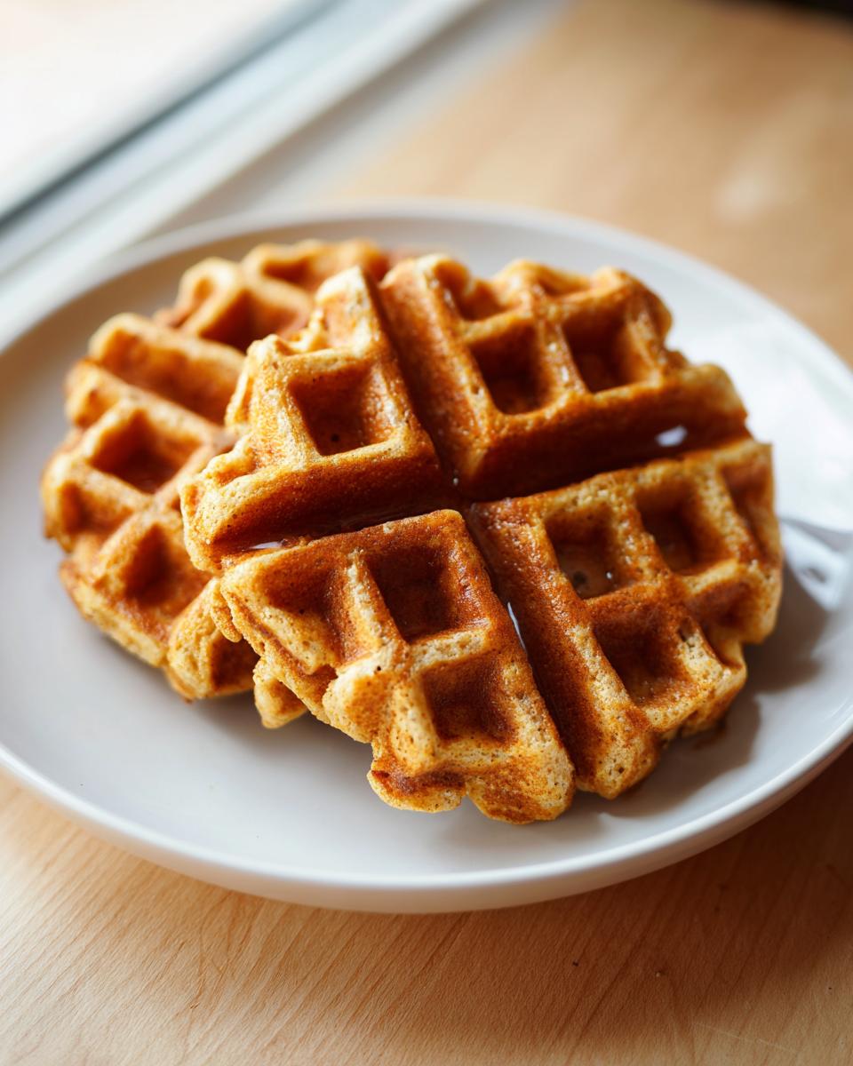 A stack of golden brown oatmeal cottage cheese waffles served on a simple white plate.