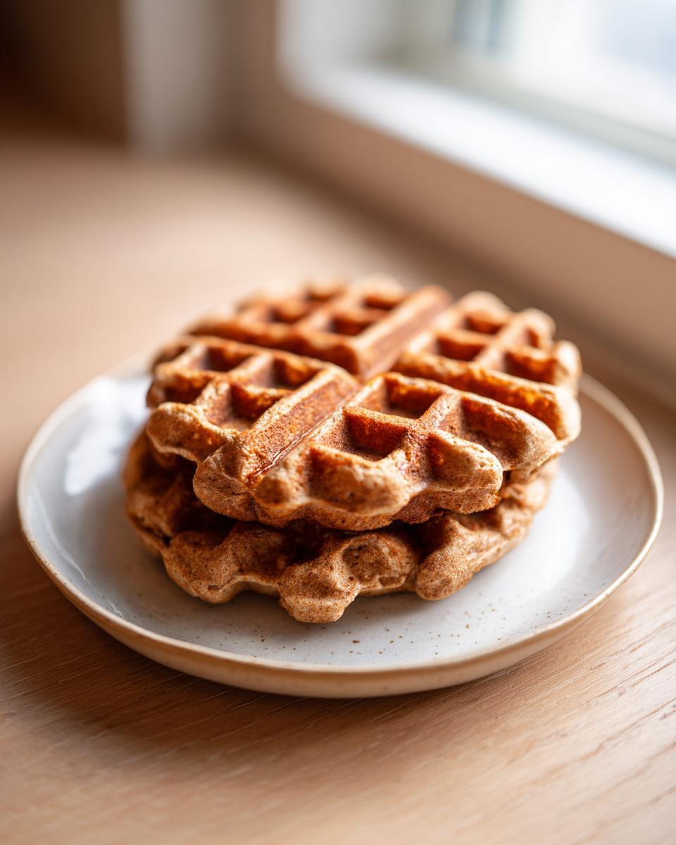 A stack of two golden brown oatmeal cottage cheese waffles resting on a speckled white plate near a window.