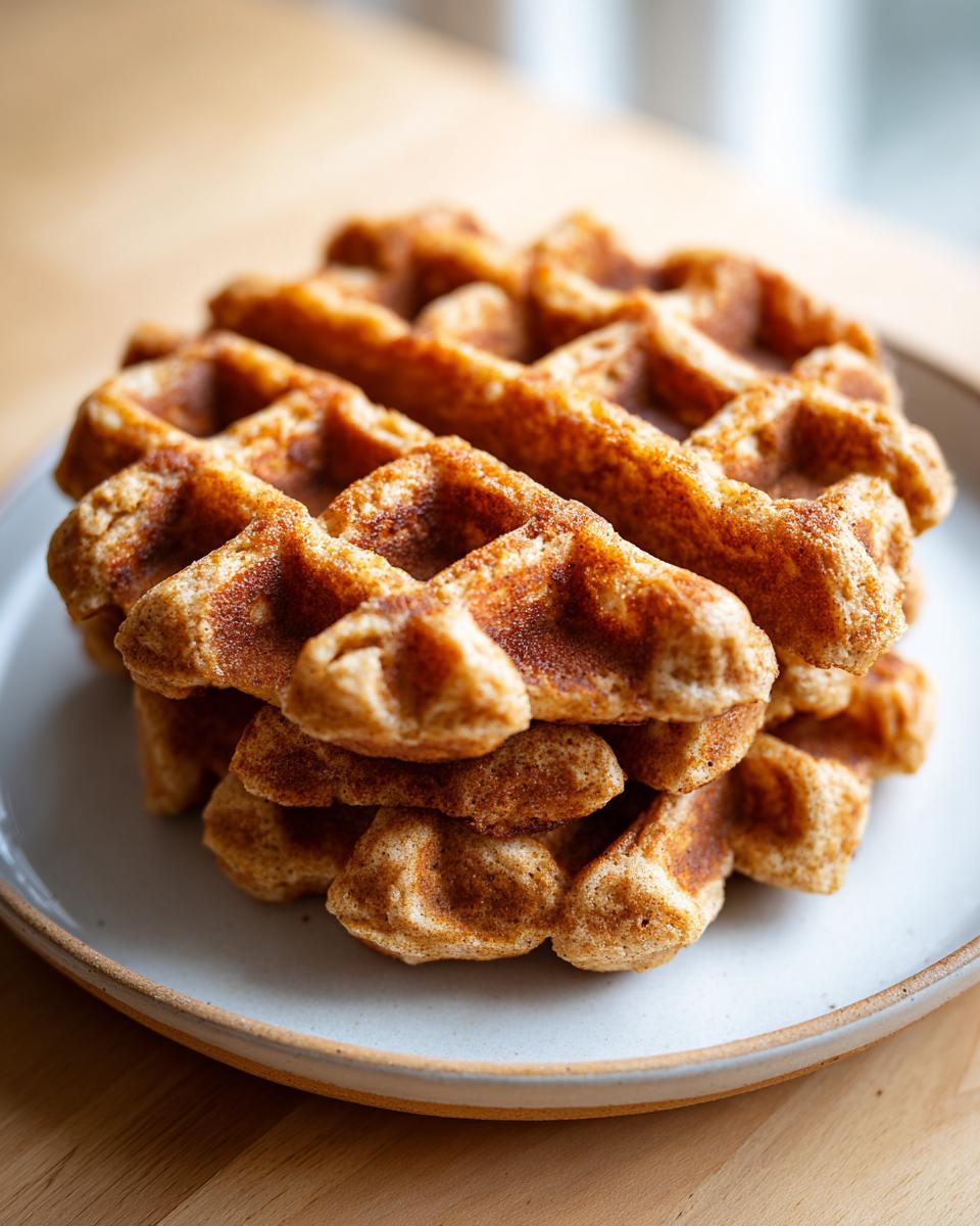 A close-up stack of golden brown oatmeal cottage cheese waffles resting on a light ceramic plate.