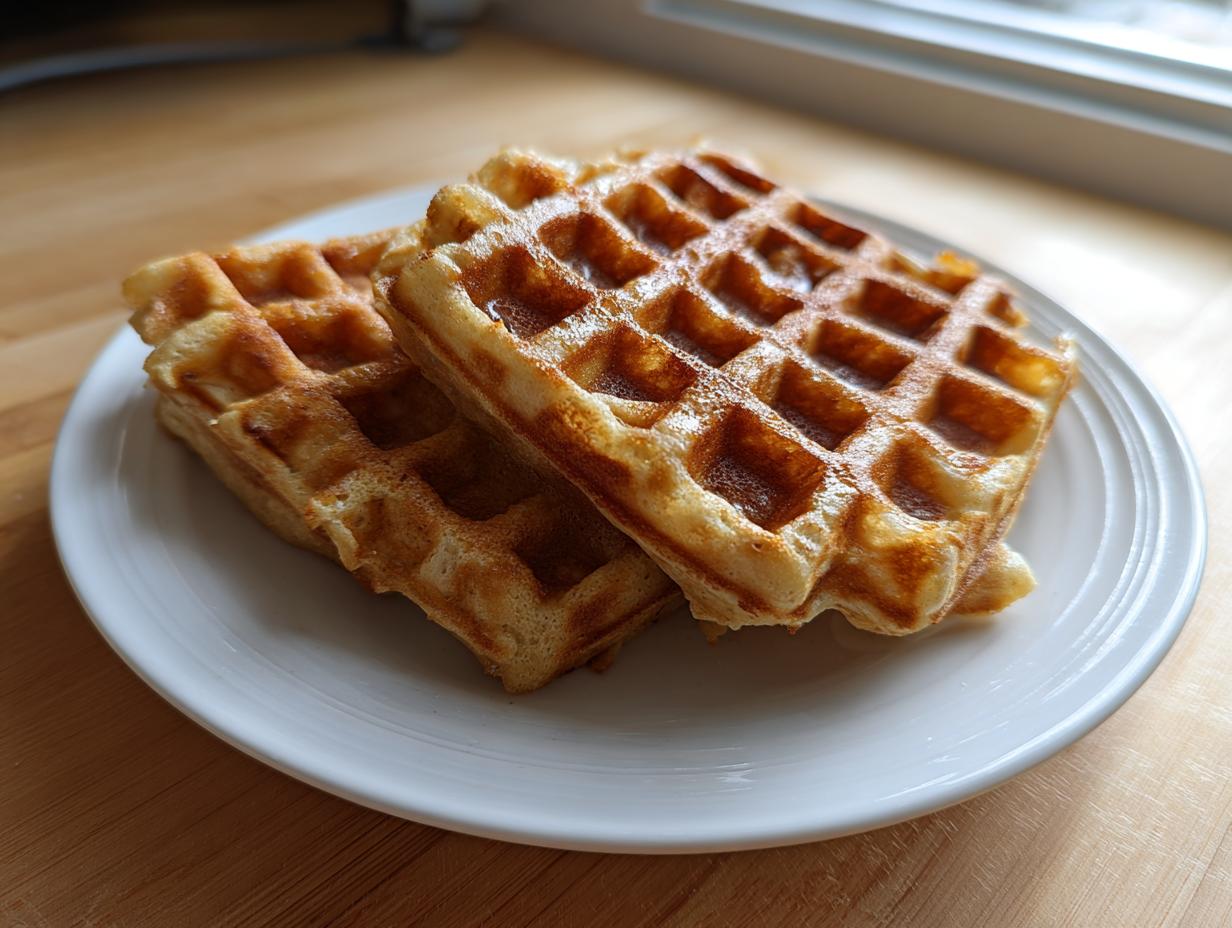 Two golden brown oatmeal cottage cheese waffles stacked slightly on a white plate, glistening with syrup.