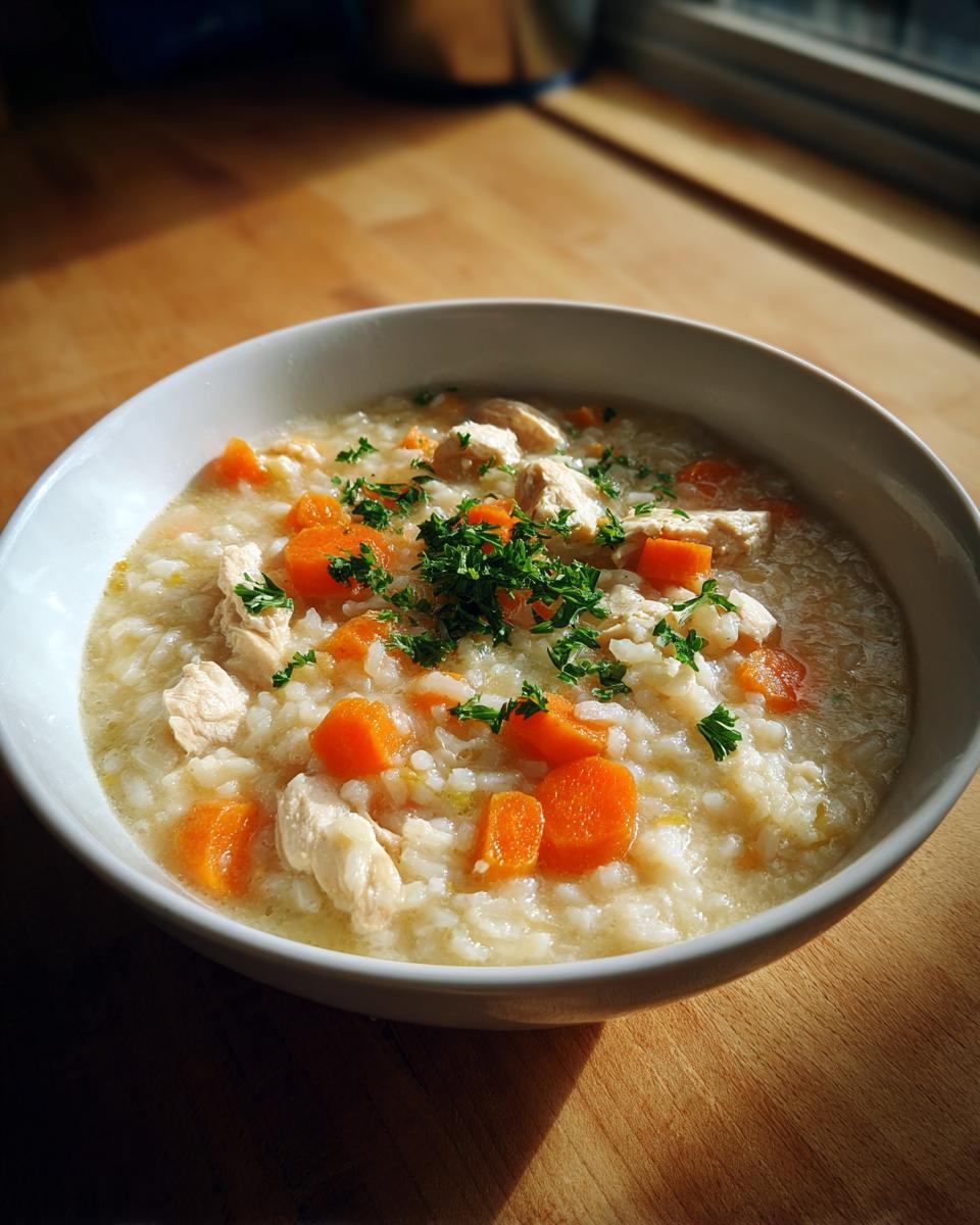 A close-up of a hearty bowl of chicken and carrot rice soup, garnished with fresh parsley.