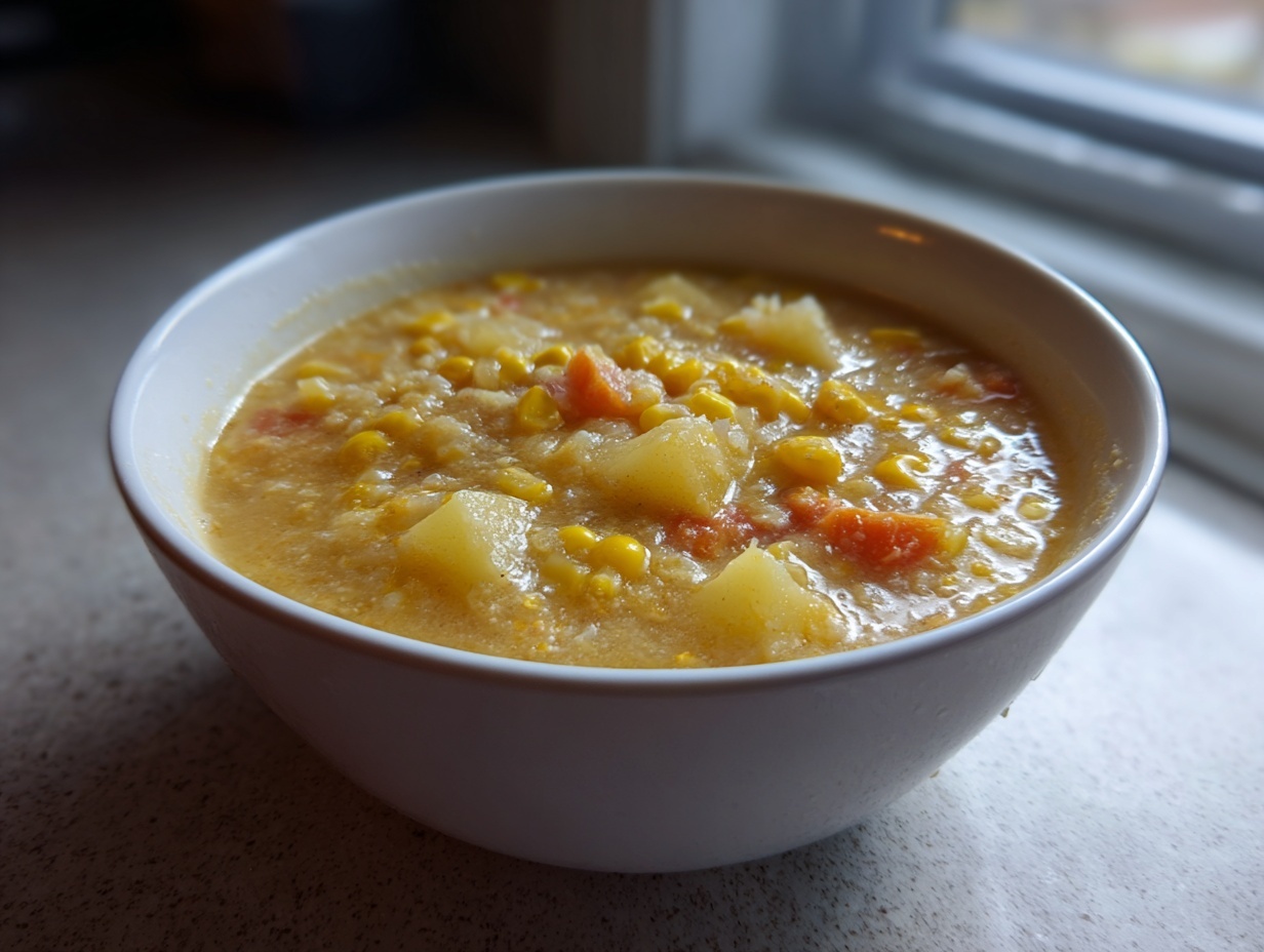 A close-up of a white bowl filled with thick, creamy corn chowder soup, featuring visible corn kernels and potato chunks.