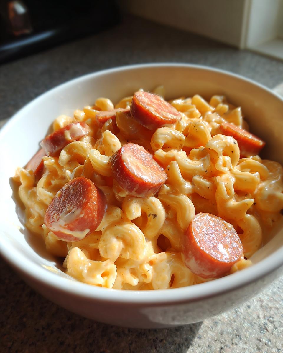 Close-up of creamy one pot kielbasa pasta with sliced smoked sausage in a white bowl.