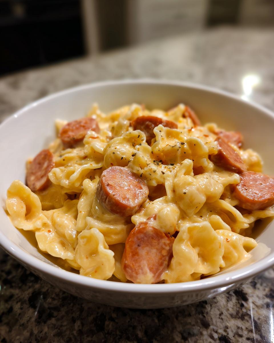 A close-up of creamy one pot kielbasa pasta mixed with bow-tie pasta and topped with sliced smoked sausage.