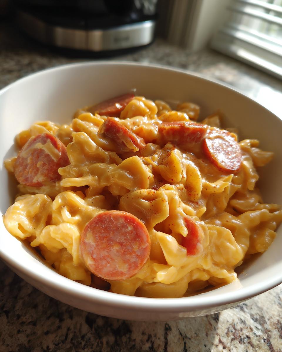 Close-up of a bowl of creamy one pot kielbasa pasta with bowtie noodles and sliced smoked sausage.