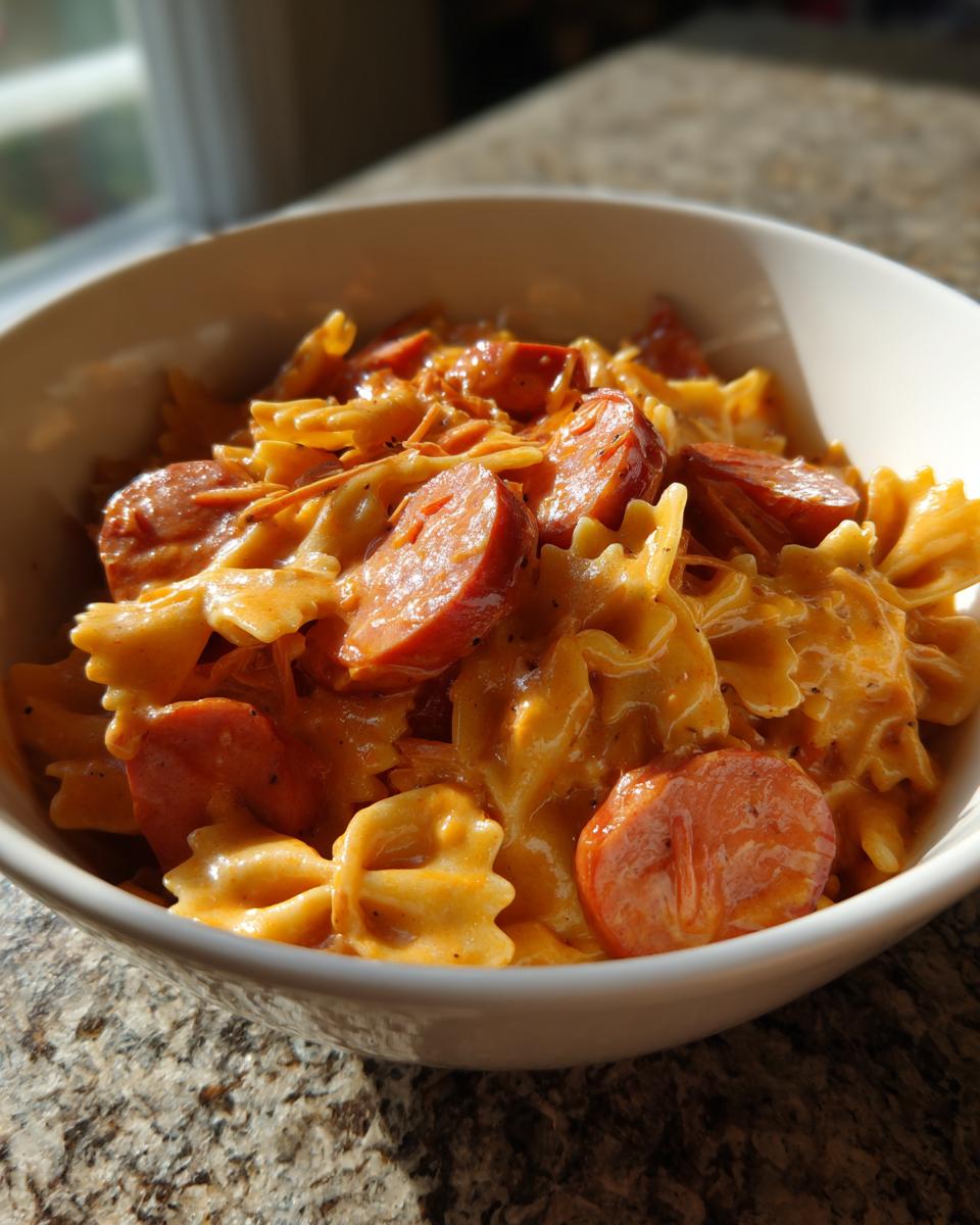 Close-up of creamy one pot kielbasa pasta featuring bowtie pasta and sliced smoked sausage in a white bowl.