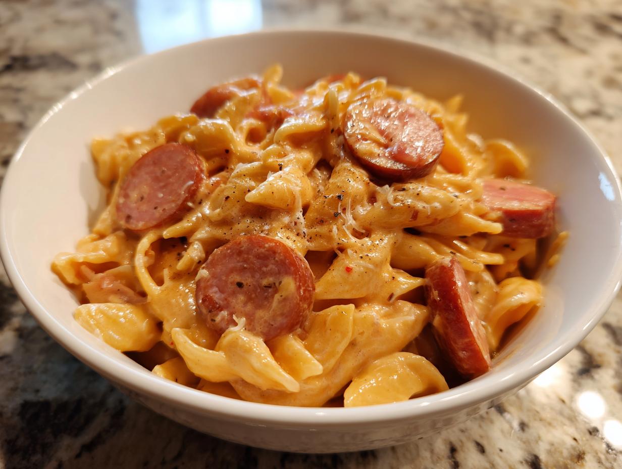 A close-up of creamy, cheesy one pot kielbasa pasta served in a white bowl, topped with sliced sausage and black pepper.