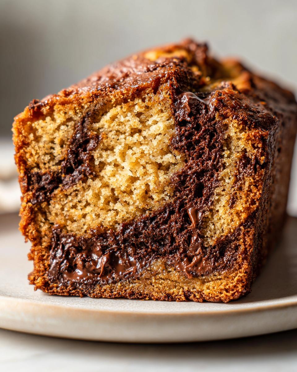 Close-up of a slice of peanut butter chocolate chip banana bread showing a moist crumb and melted chocolate swirls.