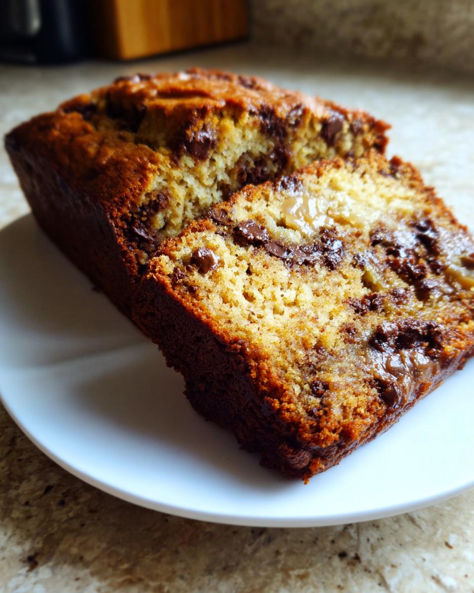 Close-up of a slice of moist peanut butter chocolate chip banana bread recipe, showing melted chocolate chips.