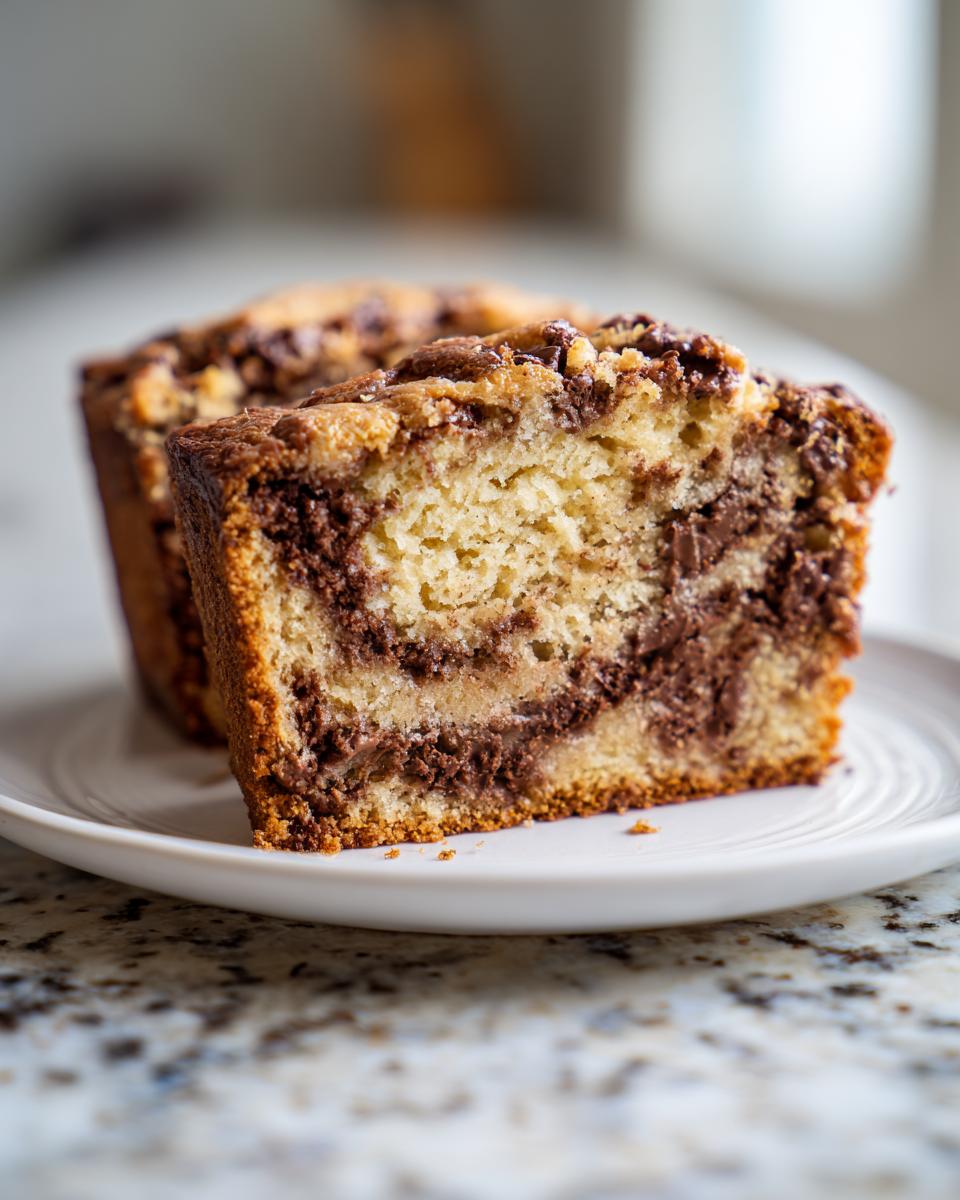 Close-up of a slice of marbled peanut butter chocolate chip banana bread on a white plate.