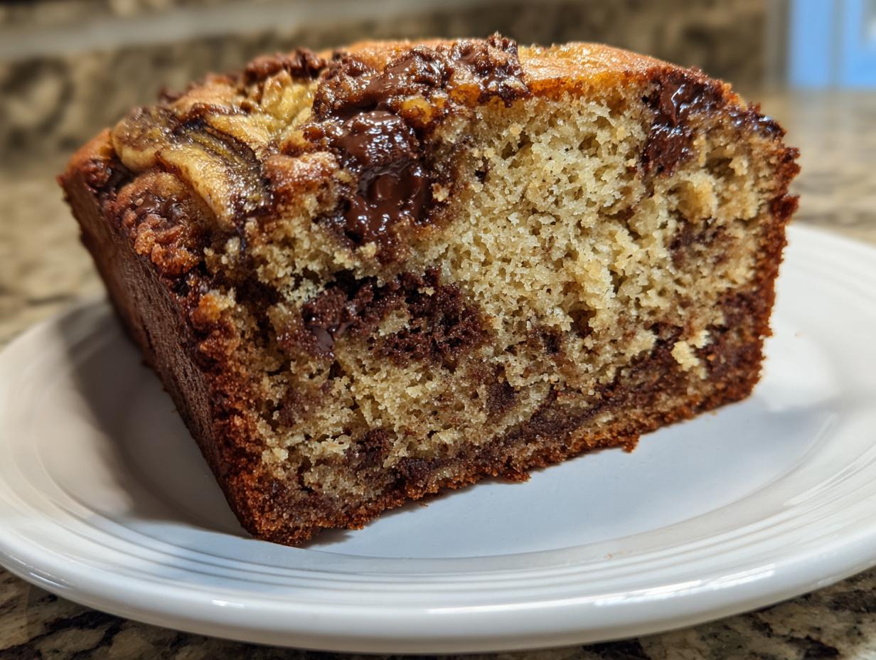 A close-up of a moist slice of peanut butter chocolate chip banana bread on a white plate.