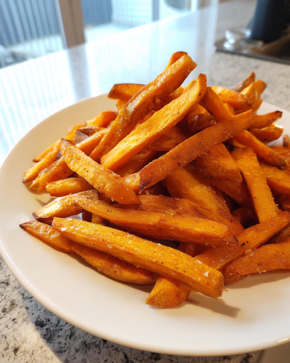 A close-up of a white plate piled high with crispy, orange sweet potato fries seasoned with salt.