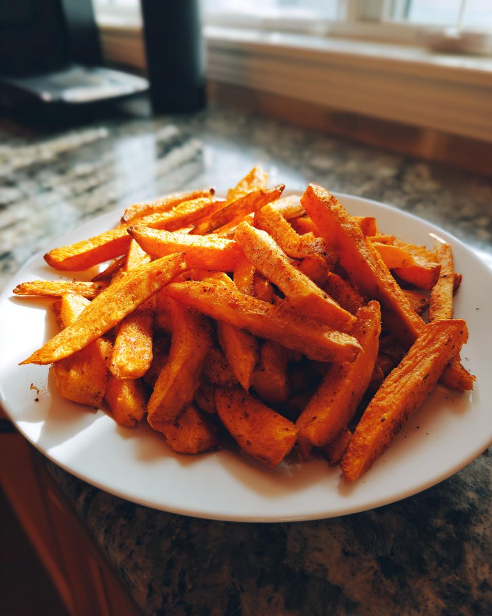 A white plate piled high with perfectly cooked, seasoned sweet potato fries, illuminated by natural light.