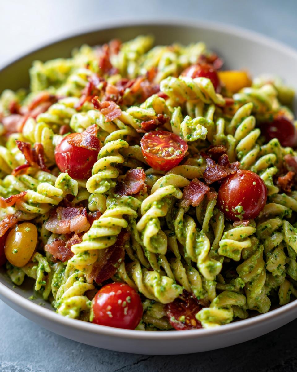Close-up of a bowl filled with vibrant green pesto blt pasta salad, featuring fusilli pasta, crispy bacon bits, and halved cherry tomatoes.