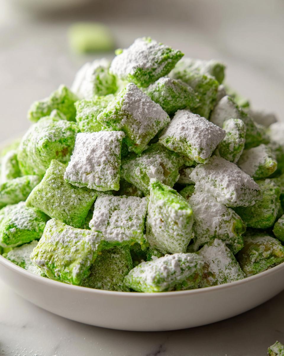 Close-up of a white bowl overflowing with bright green pistachio puppy chow coated heavily in white powdered sugar.