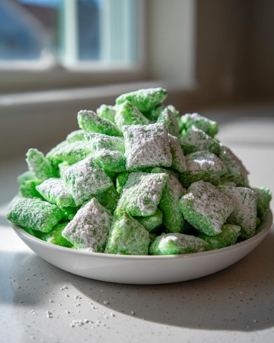 A white bowl overflowing with bright green, powdered sugar-dusted pistachio puppy chow.