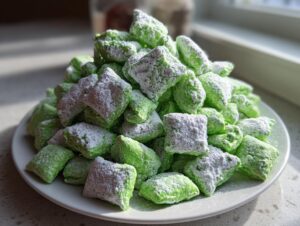 A mound of bright green pistachio puppy chow coated heavily in powdered sugar on a white plate.