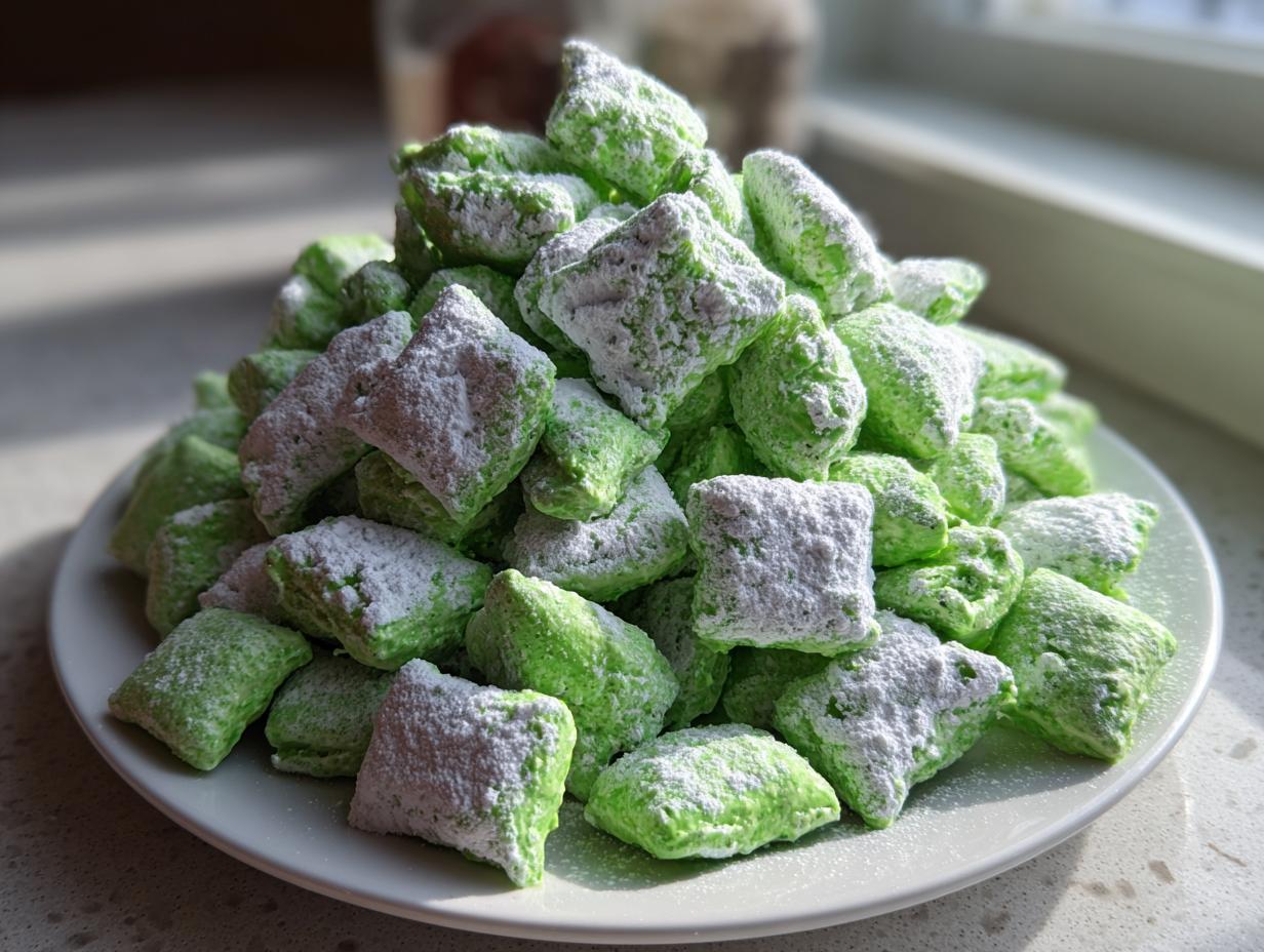 A mound of bright green pistachio puppy chow coated heavily in powdered sugar on a white plate.