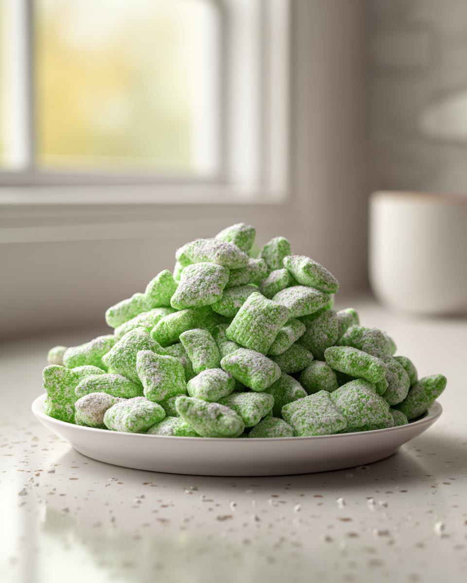 A mound of bright green, powdered sugar-coated pistachio puppy chow chex mix piled high on a white plate.