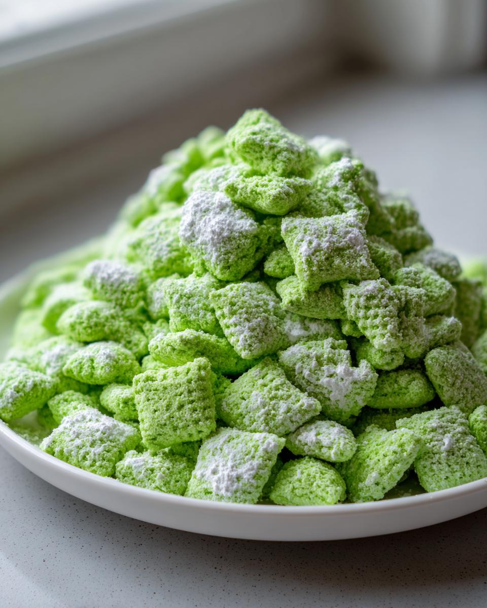 A mound of bright green, powdered sugar-dusted pistachio puppy chow chex mix piled on a white plate.