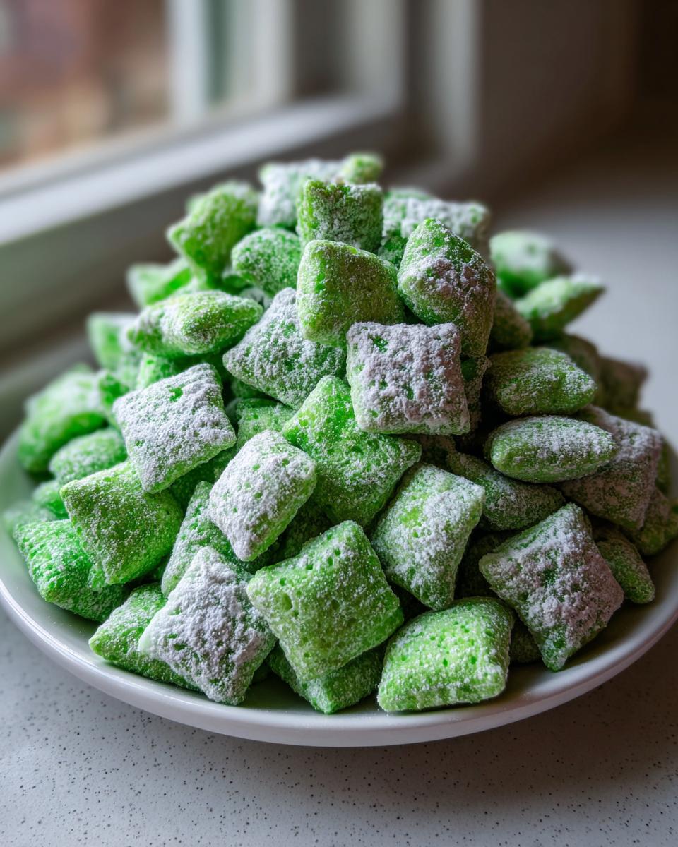 A close-up of bright green, powdered sugar-dusted pistachio puppy chow chex mix piled high on a white plate.