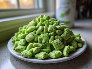 A mound of bright green, powdered pistachio puppy chow chex mix piled high on a white plate.