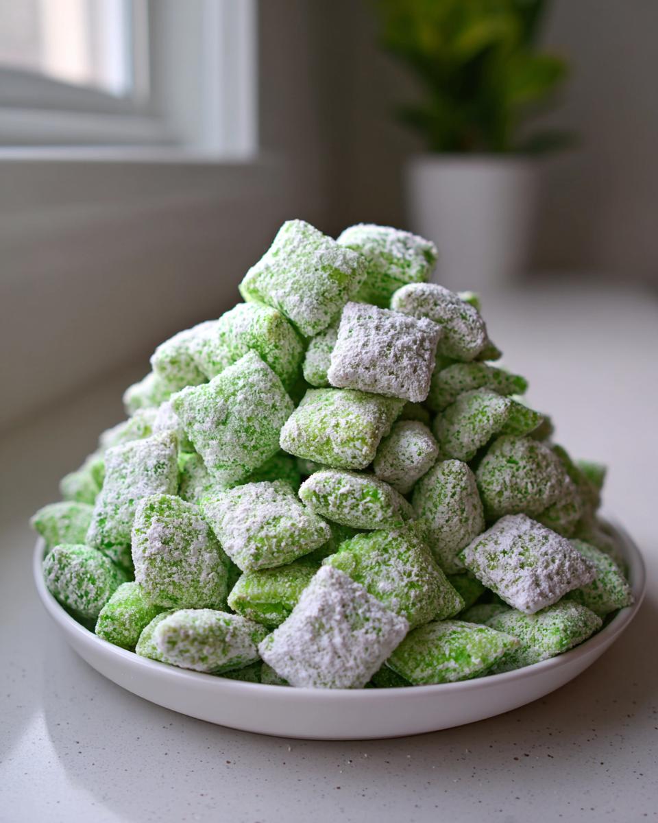 A mound of bright green, powdered sugar-dusted pistachio puppy chow chex mix served in a white bowl.