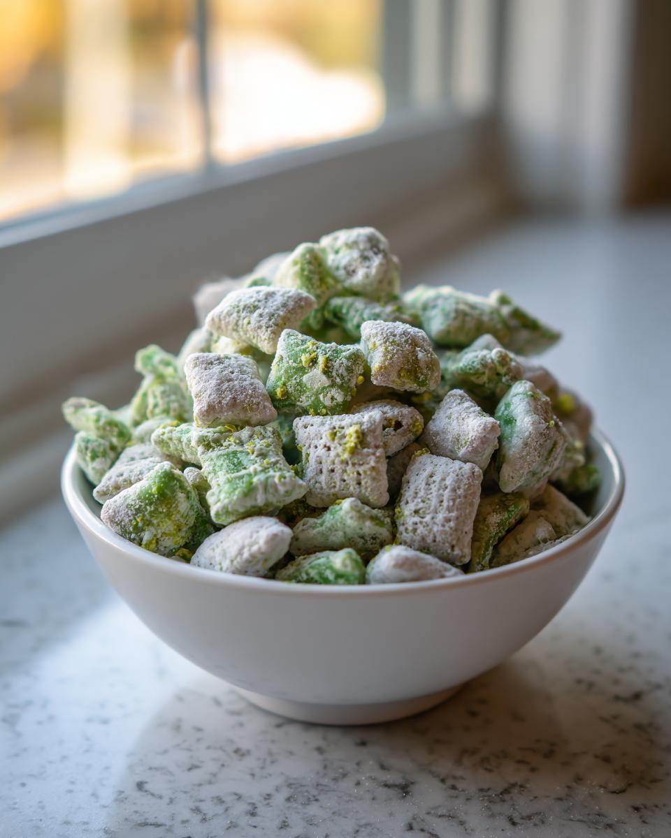 A white bowl filled with bright green and white coated pistachio puppy chow mix, sitting on a marble countertop.