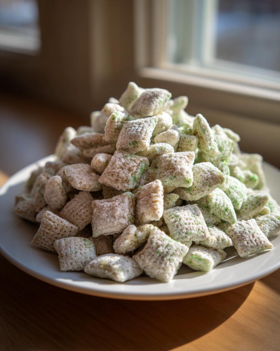 A mound of sweet, powdered pistachio puppy chow mix pieces piled high on a white plate near a window.