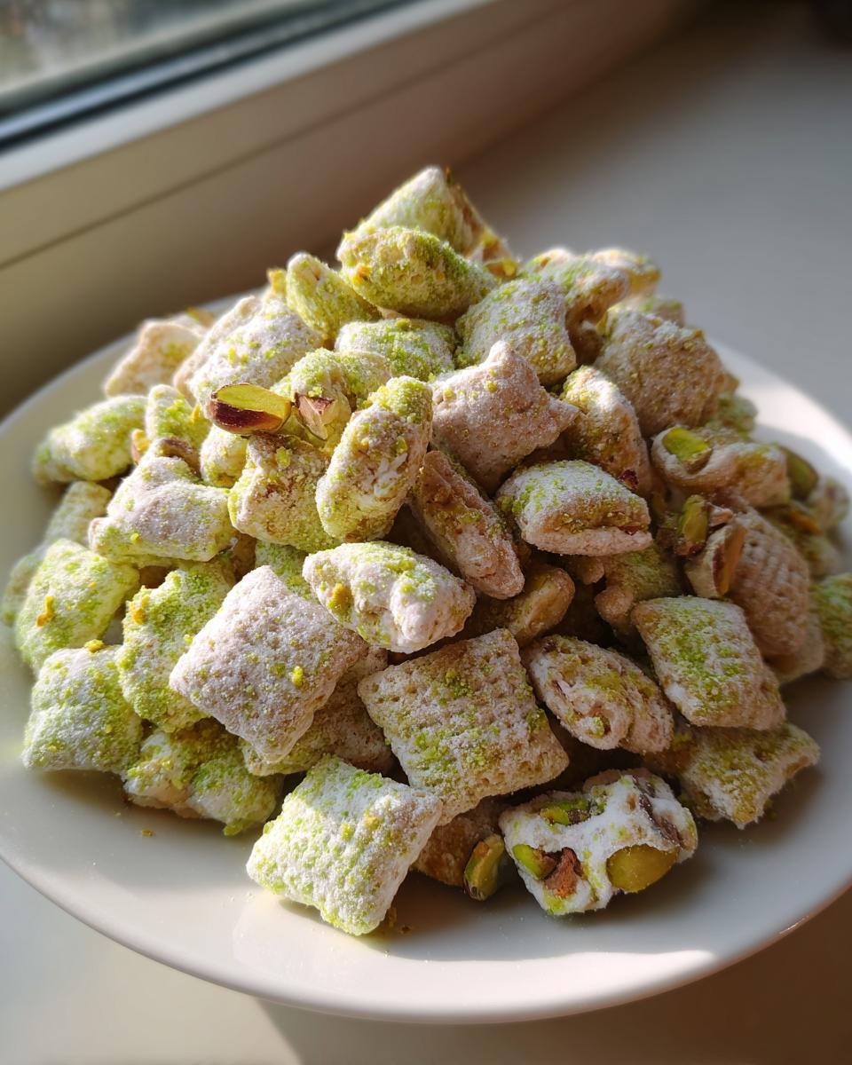 A mound of homemade pistachio puppy chow mix coated in powdered sugar and crushed pistachios on a white plate.