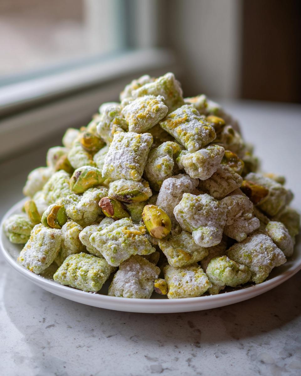 A large mound of green, powdered sugar-coated pistachio puppy chow mix piled high on a white plate.