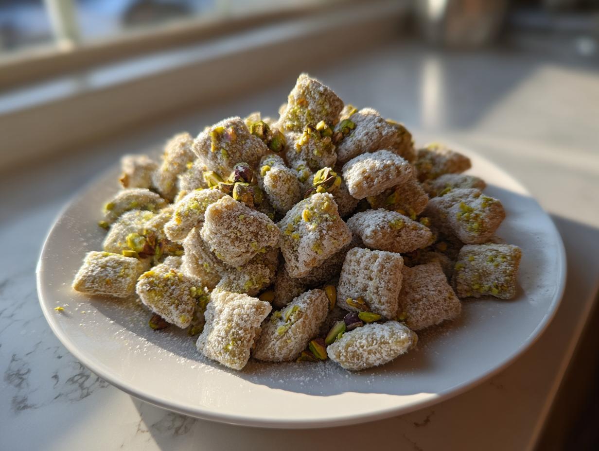 A mound of sweet pistachio puppy chow mix coated in powdered sugar and topped with chopped pistachios on a white plate.