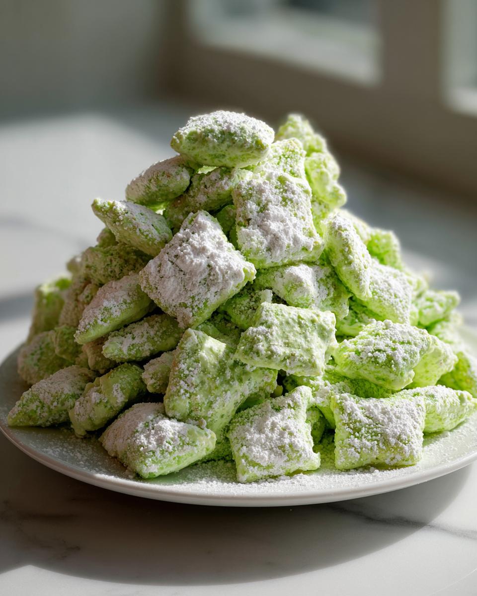 A tall mound of bright green pistachio puppy chow coated heavily in powdered sugar on a white plate.