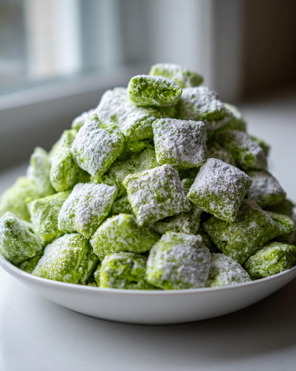 A mound of bright green pistachio puppy chow generously coated in white powdered sugar, served in a white bowl.