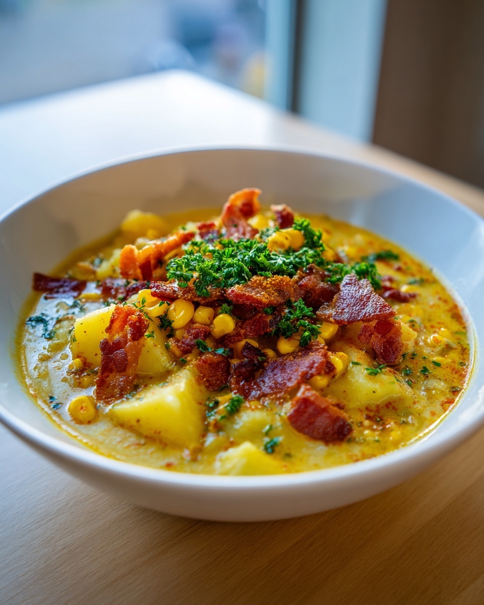 Close-up of a creamy potato corn chowder topped generously with crispy bacon bits and fresh parsley.