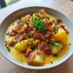 A close-up of a bowl of rich, yellow potato corn chowder loaded with chunks of potato, corn, and crispy bacon.