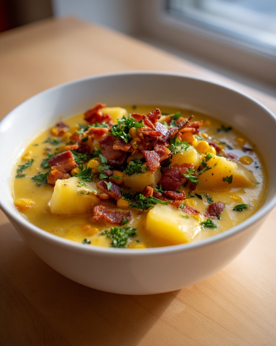 Close-up of a bowl of creamy potato corn chowder topped generously with crumbled bacon and fresh parsley.