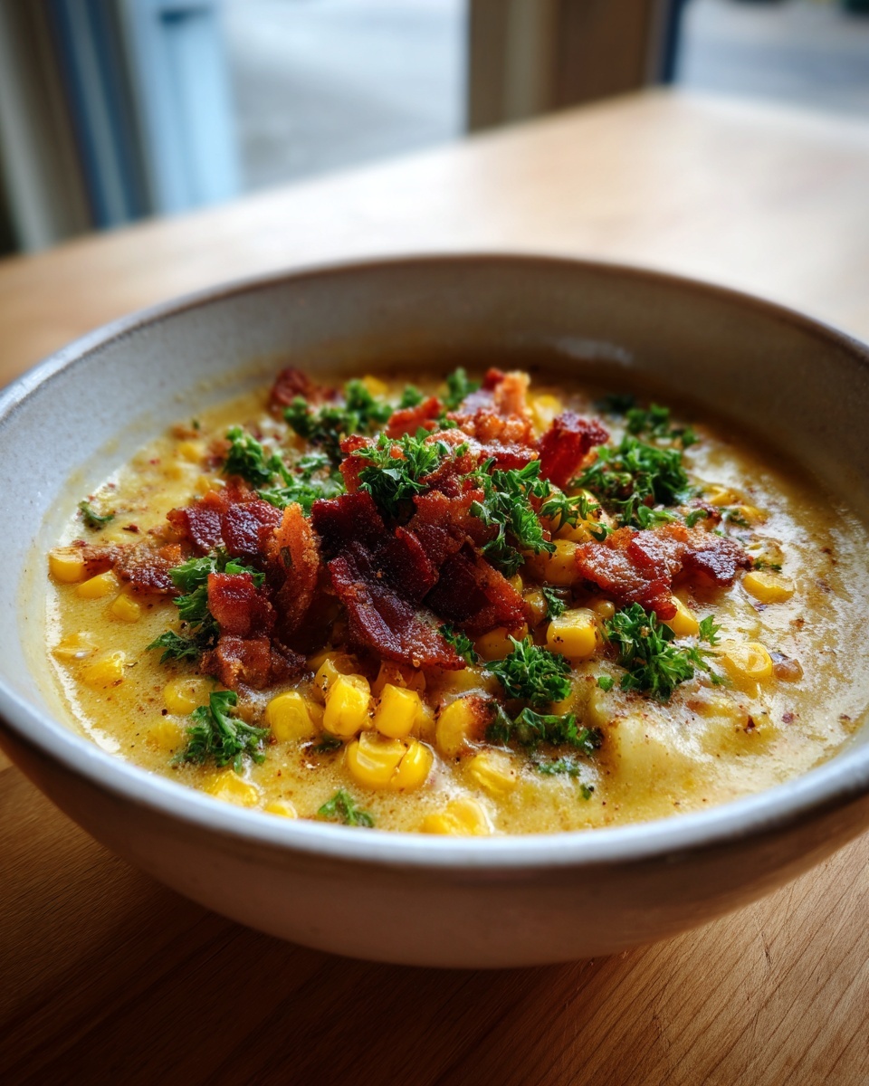Close-up of a bowl of creamy potato corn chowder topped generously with crispy bacon bits and fresh parsley.