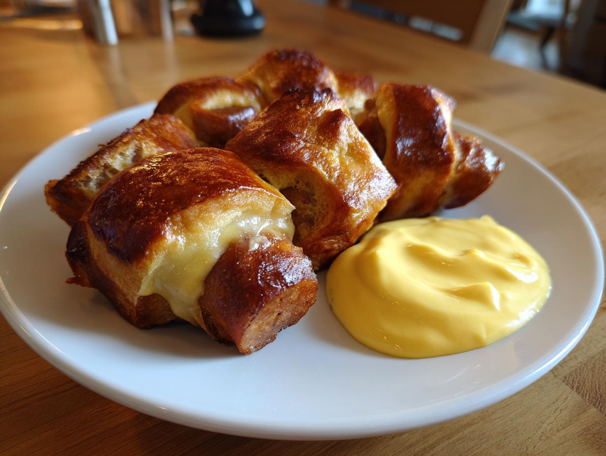 A plate of golden brown pretzel dog bites oozing cheese, served with a side of bright yellow cheese sauce.