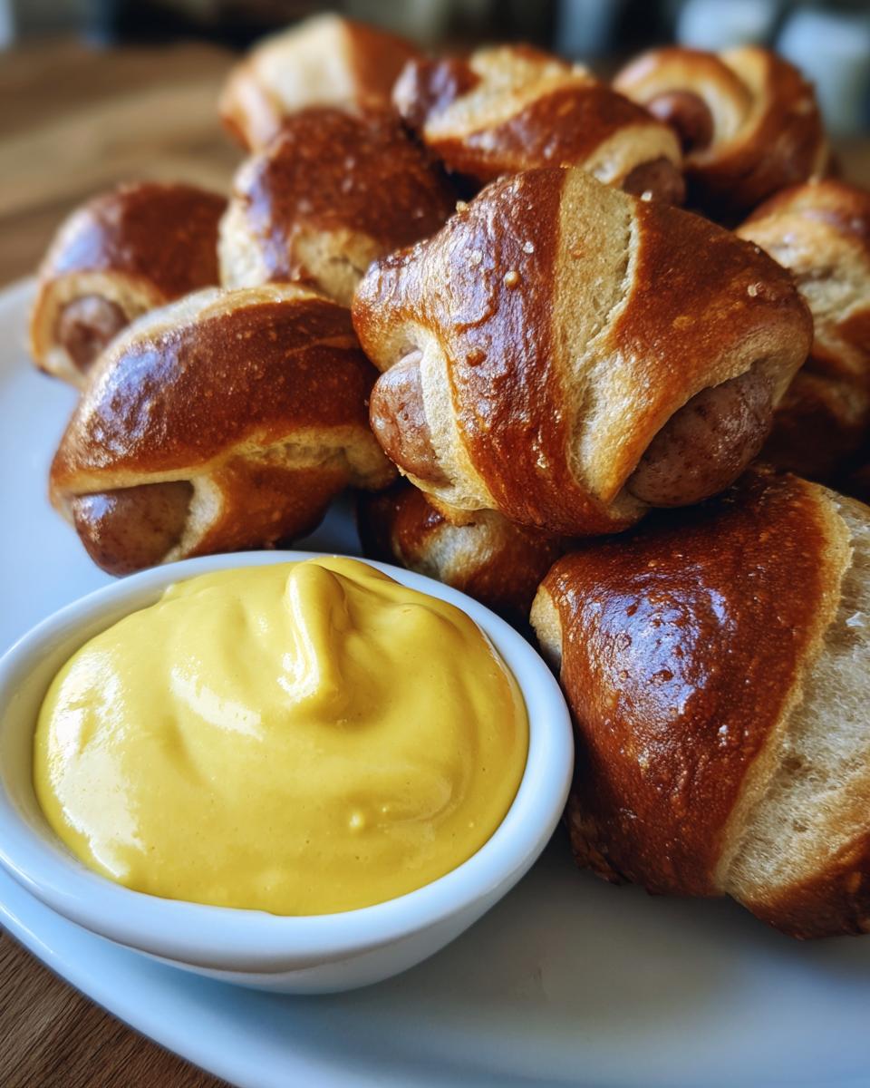 A pile of shiny, golden-brown pretzel dog bites next to a small bowl of bright yellow dipping mustard.