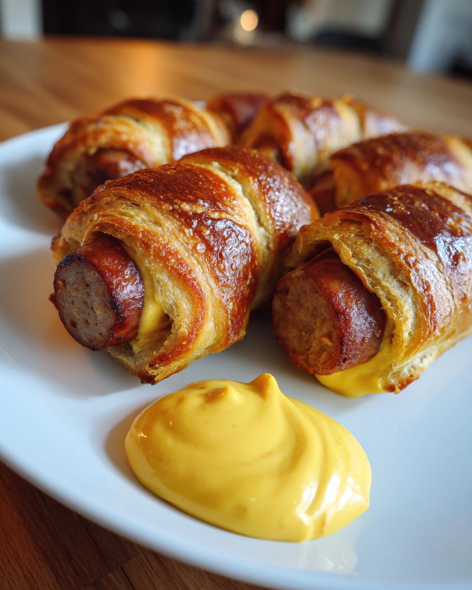 Close-up of golden brown pretzel dog bites wrapped around sausages, served with a dollop of bright yellow mustard.