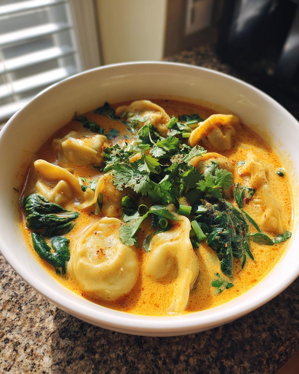 A close-up of a white bowl filled with quick coconut curry soup with dumplings, topped with fresh cilantro.