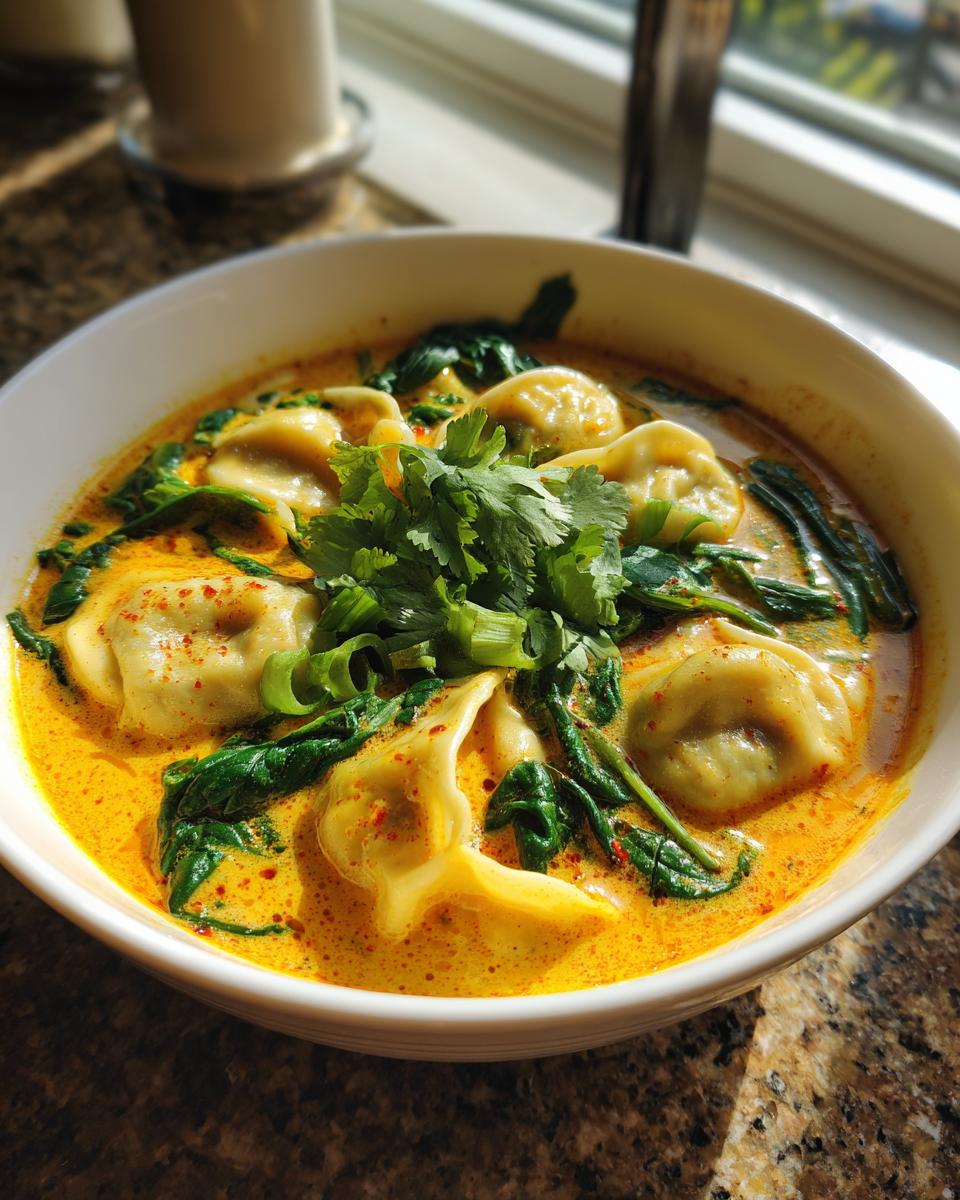 A close-up of a white bowl filled with quick coconut curry soup with dumplings, wilted spinach, and fresh cilantro.