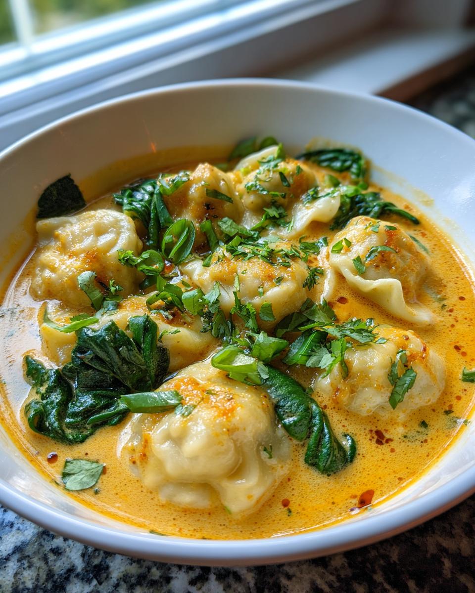 A bowl of quick coconut curry soup with dumplings, garnished with fresh cilantro and spinach.