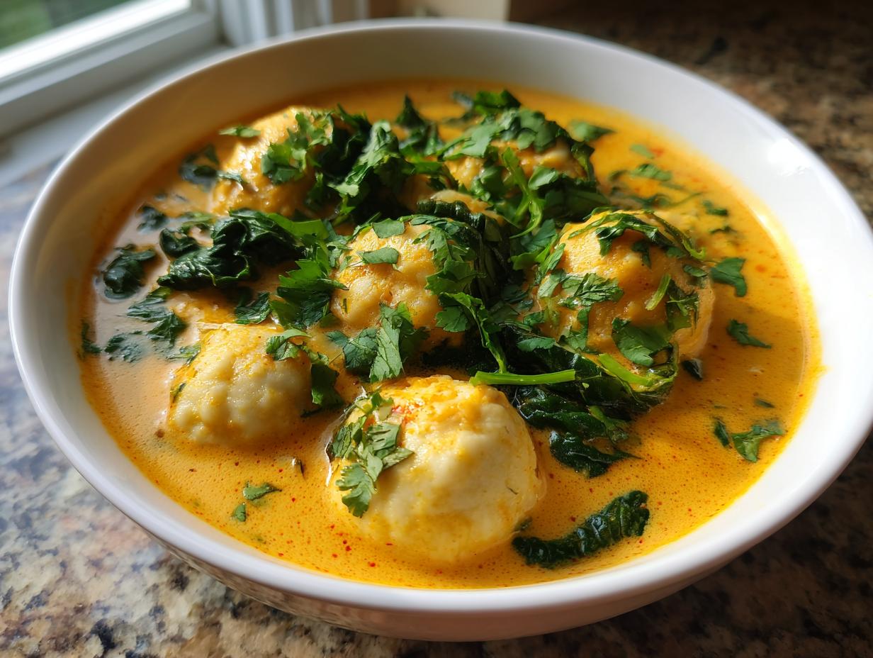 A close-up of quick coconut curry soup with dumplings, garnished generously with fresh cilantro and spinach.